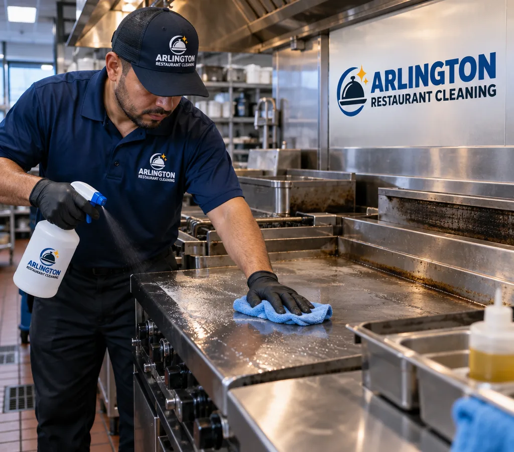 Night crew member sanitizing a restaurant kitchen line and stainless surfaces