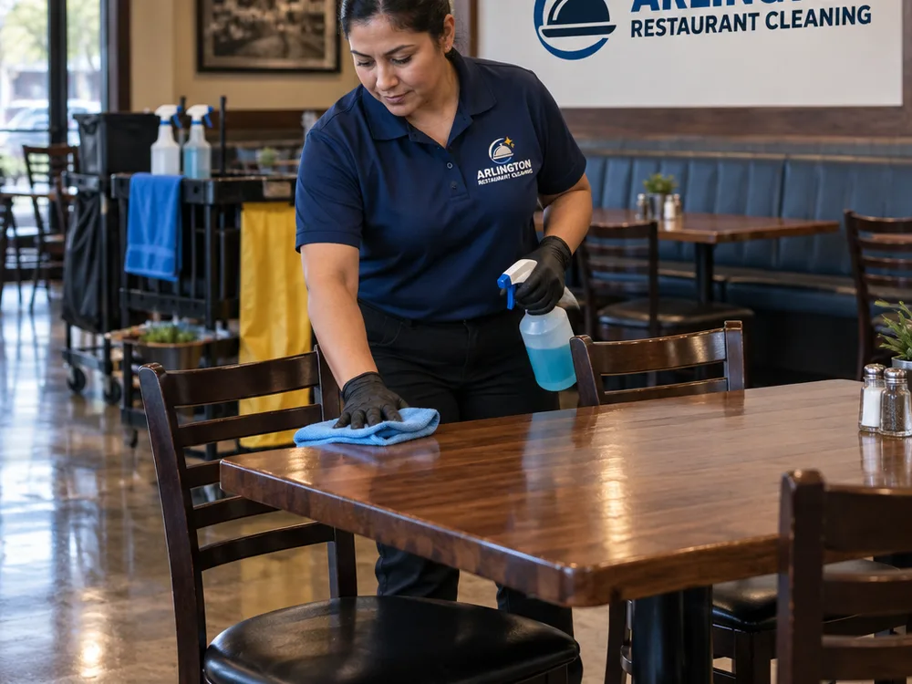 Cleaner polishing restaurant dining tables after close