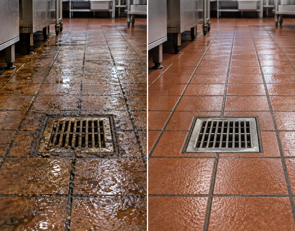 Before and after view of a degreased quarry-tile floor around a drain