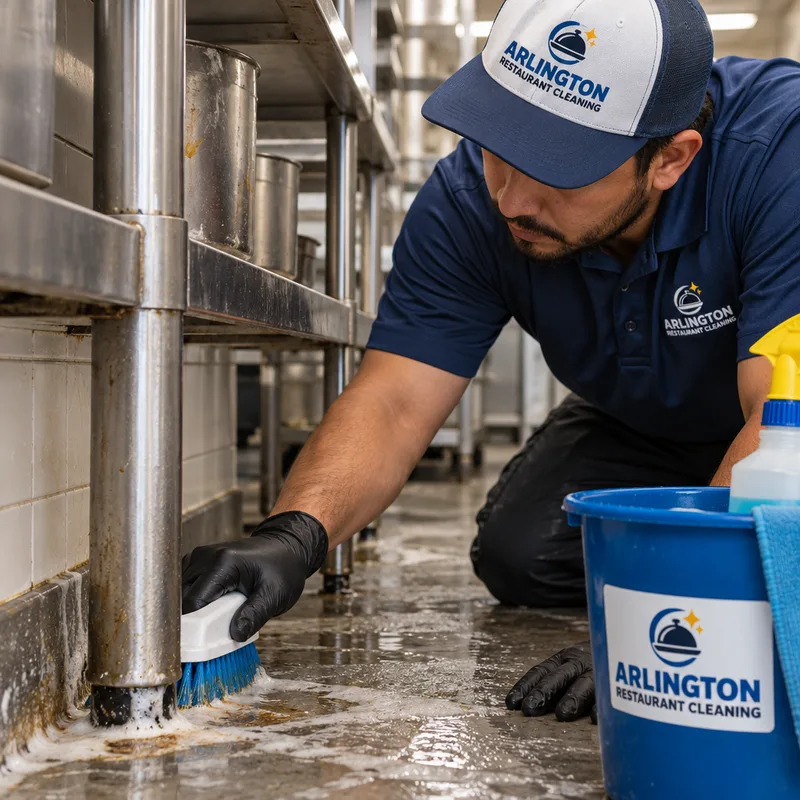 Technician scrubbing grease from a stainless prep table and cove base