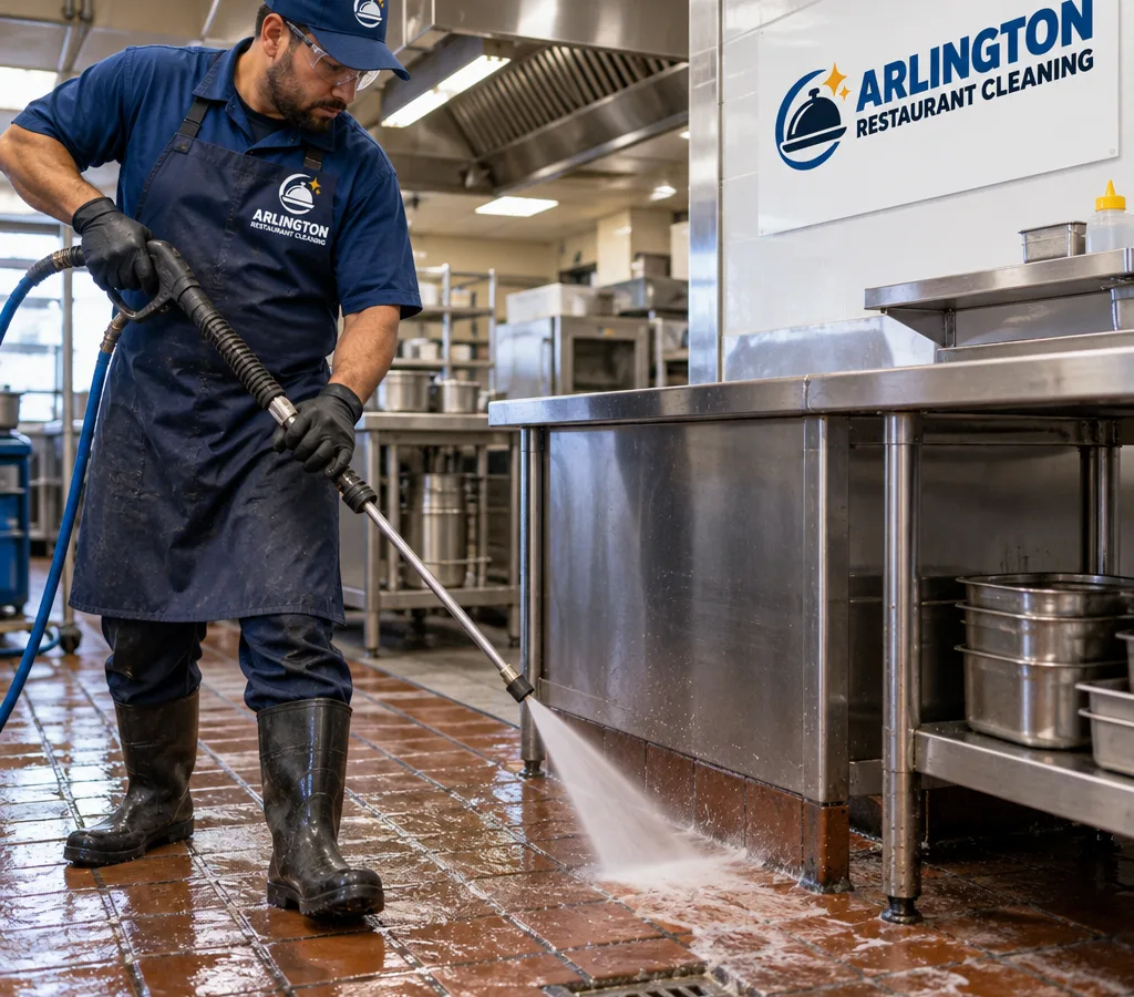 Commercial kitchen crew member pressure-washing a greasy quarry-tile floor near a drain