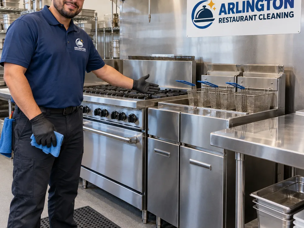 Clean stainless range, fryer bank, and prep table with detailed controls and legs