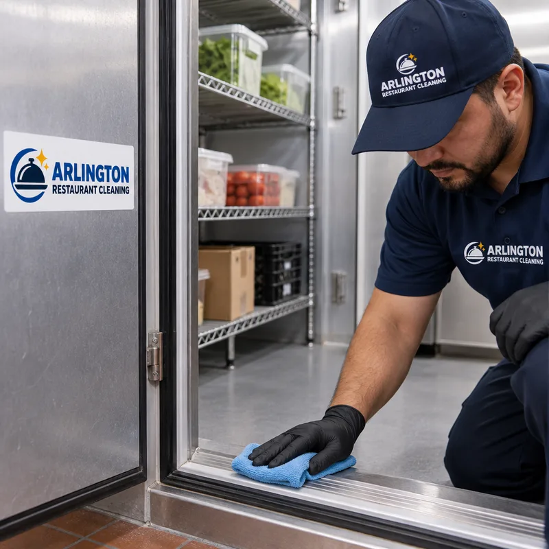 Clean walk-in cooler door gasket, threshold, floor edges, and tidy shelving with protected product staged
