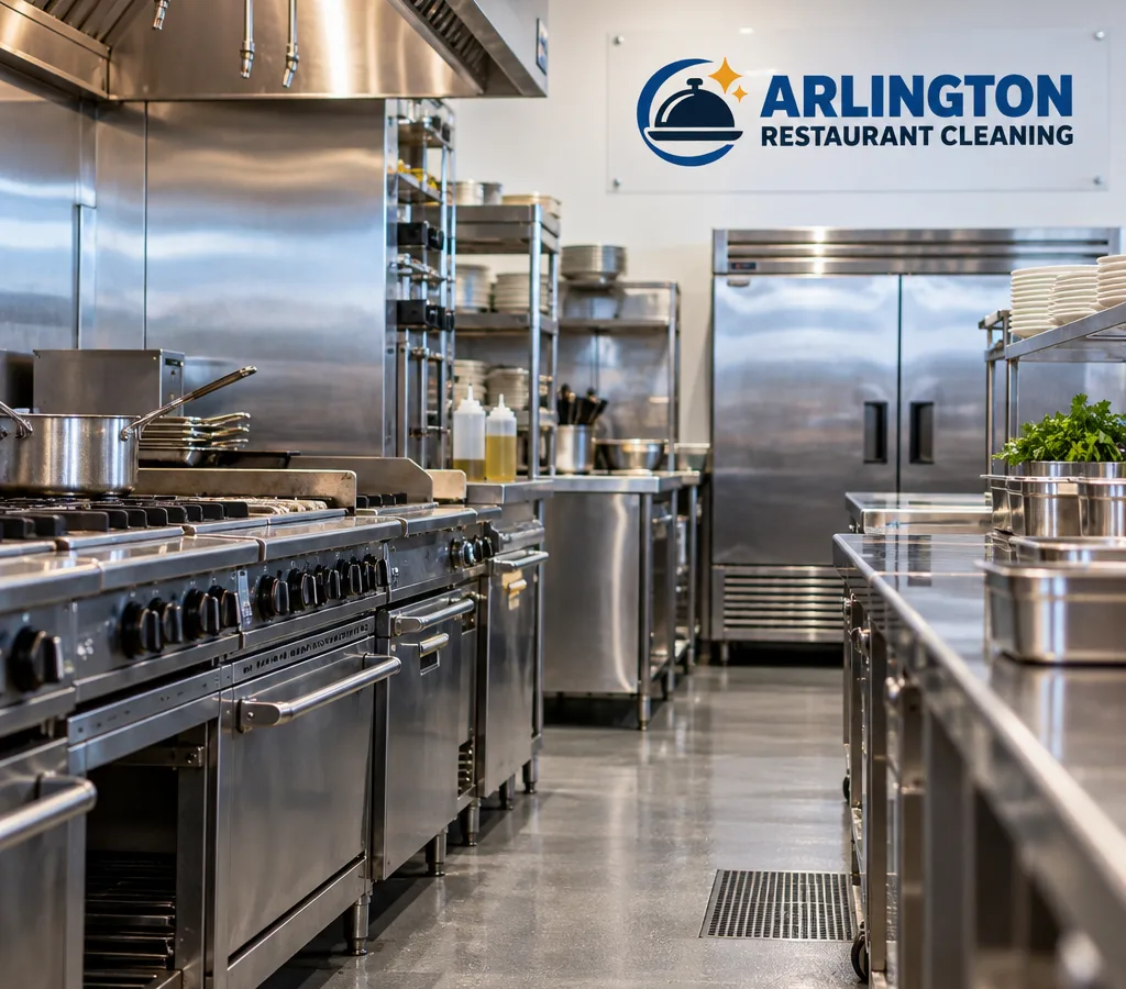 Commercial restaurant kitchen line with clean stainless equipment, floors, corners, and equipment surrounds