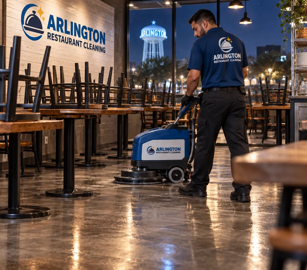 After-hours restaurant dining room cleaning with chairs raised and commercial floor equipment in use
