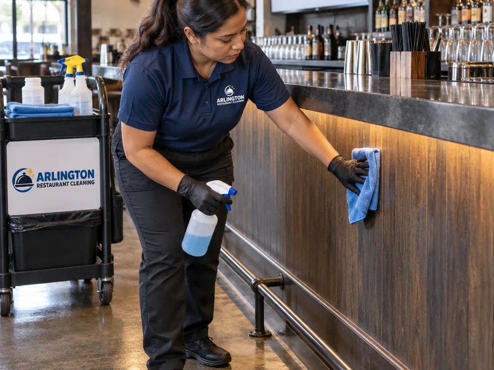 Cleaner detailing a restaurant bar front and floor edge with professional supplies staged neatly