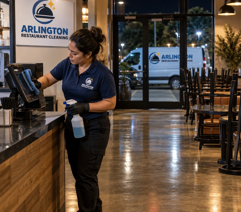 After-hours restaurant interior with chairs raised and a cleaner detailing high-touch areas near the entrance