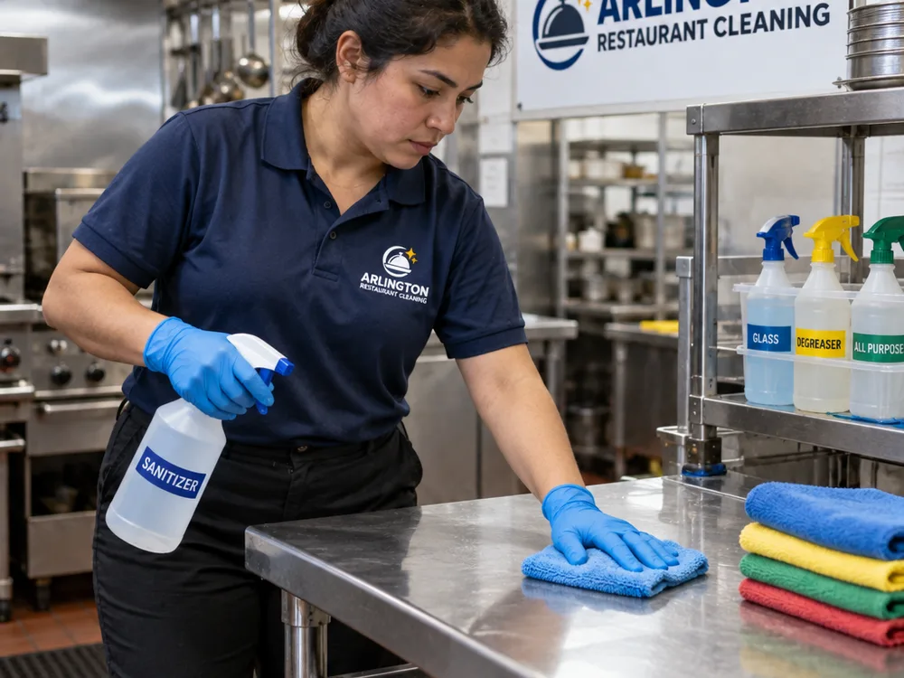 Cleaner sanitizing stainless prep tables and high-touch handles in a closed restaurant kitchen