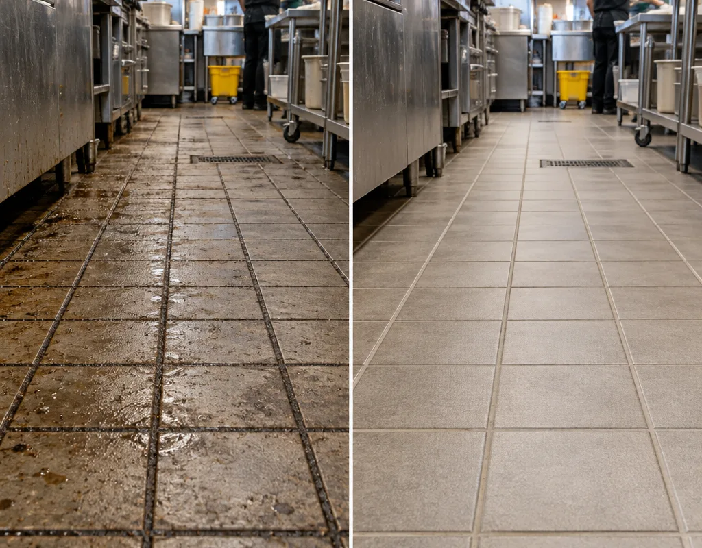 Before and after comparison of greasy and professionally cleaned commercial kitchen tile and grout