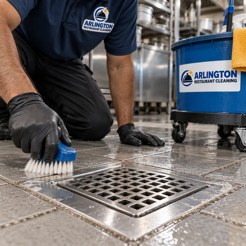 Clean commercial kitchen floor drain perimeter and surrounding grout