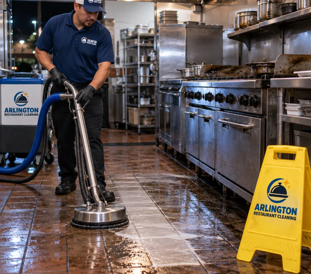 Technician scrubbing and extracting a greasy commercial kitchen tile floor at night