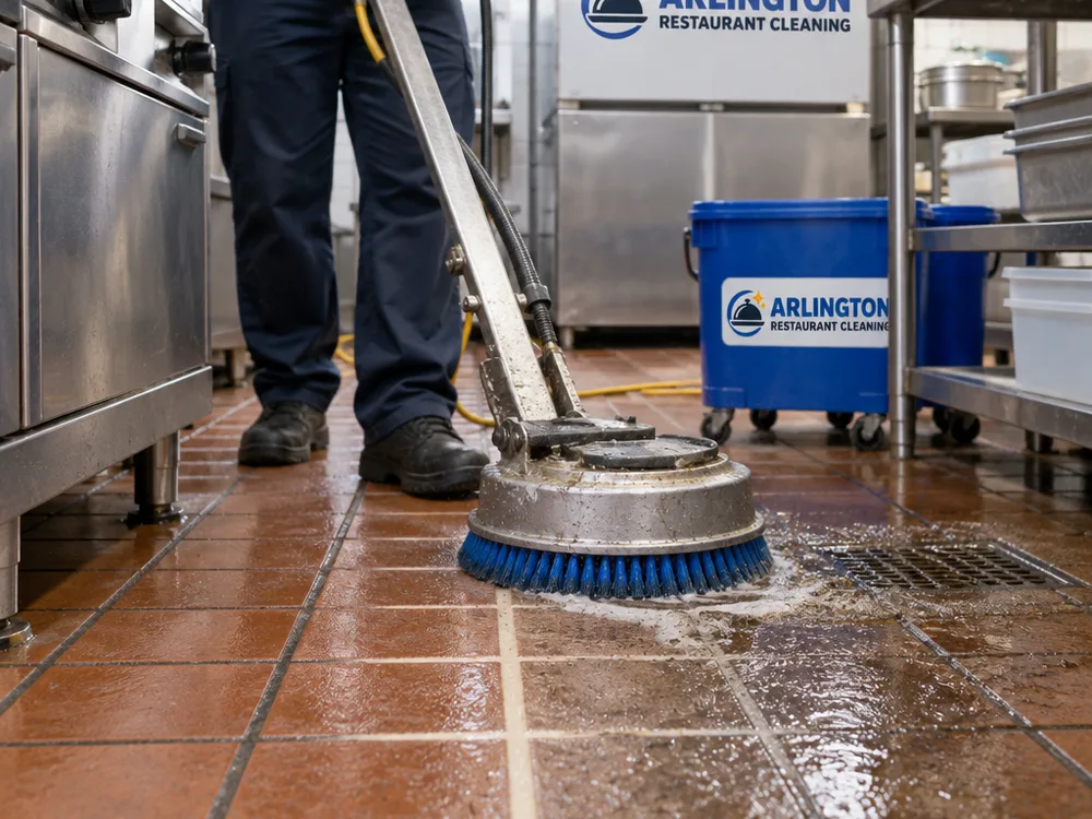 Floor machine agitating a commercial kitchen grout line during degreasing