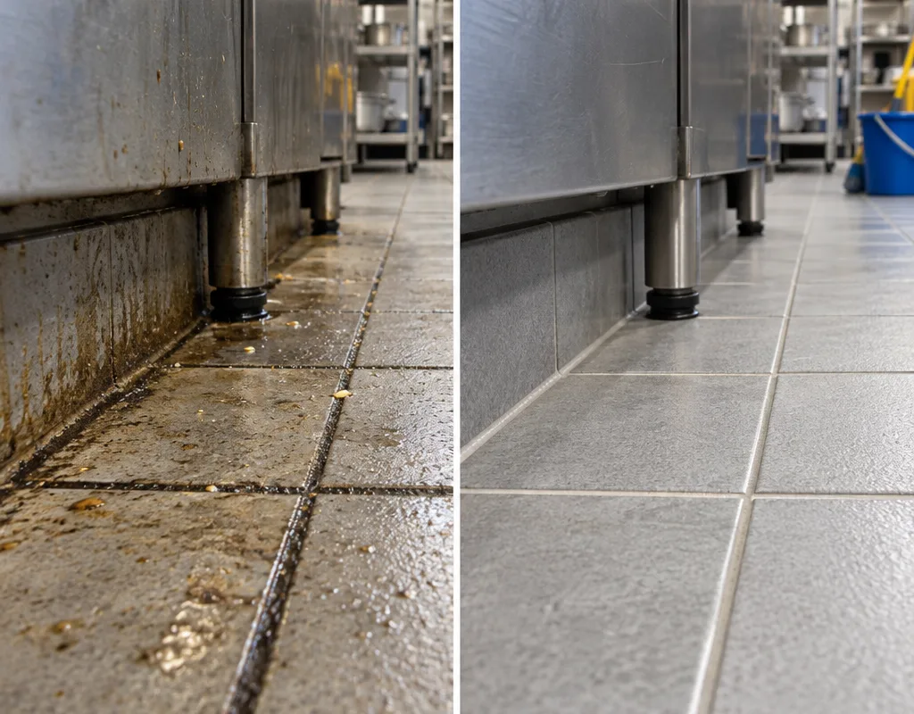 Before-and-after comparison of tile grout and floor edges with buildup removed from clean corners