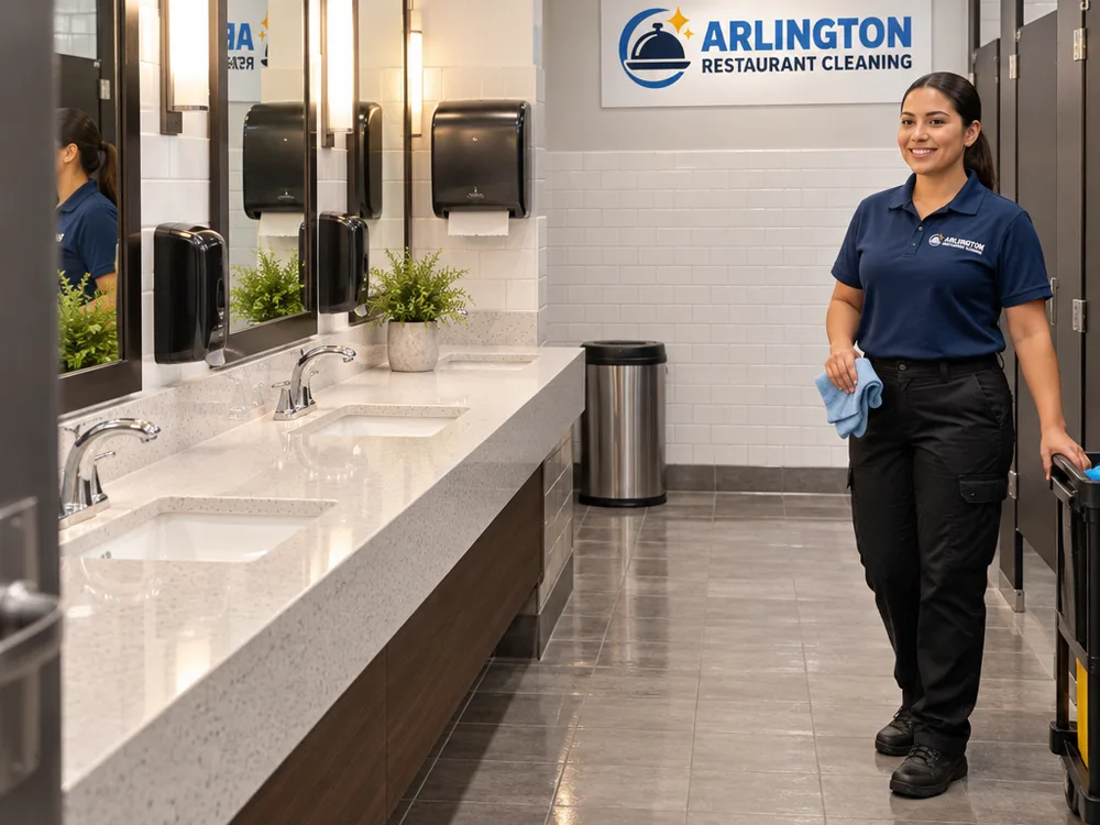 Finished restaurant restroom with clean mirrors, stocked dispensers, and dry streak-free floors