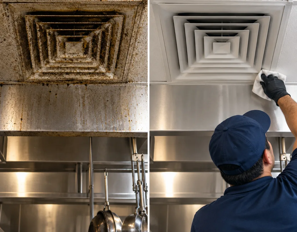 Before-and-after comparison of a kitchen supply vent and surrounding ceiling area showing dust and grease shadowing removed