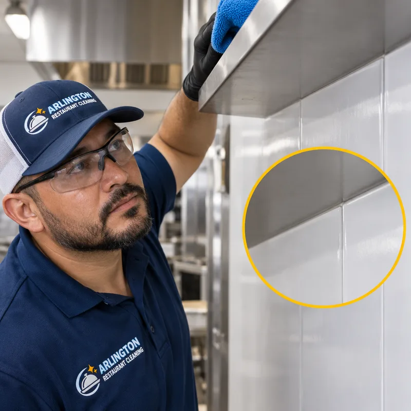 Clean overhead ledge above FRP wall panels with no dust along the edge line