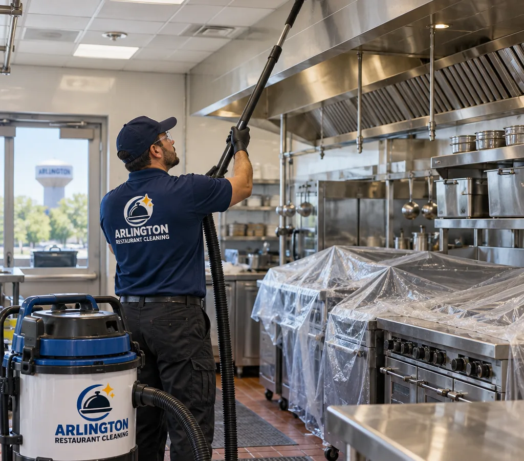 Technician high dusting a commercial kitchen ceiling and overhead ledges with a HEPA-filtered vacuum and extension tools while stainless equipment is protected below
