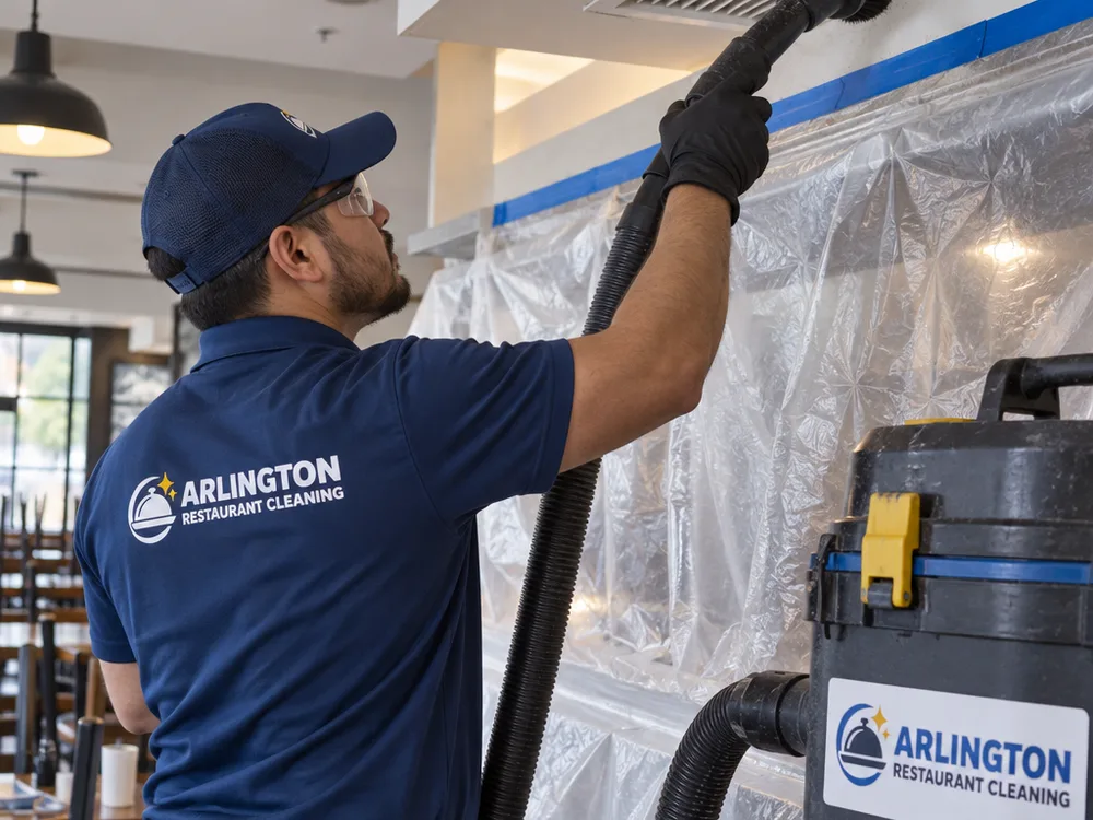 Overhead ledge and HVAC diffuser being cleaned with a HEPA vacuum brush while adjacent surfaces are covered