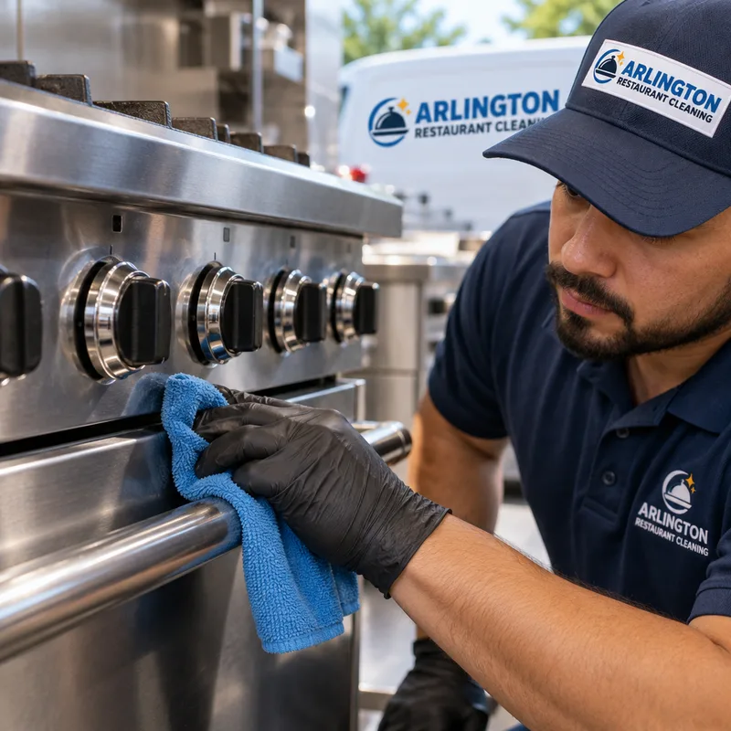 Cleaned control knobs, handles, and seam lines on a commercial oven or range