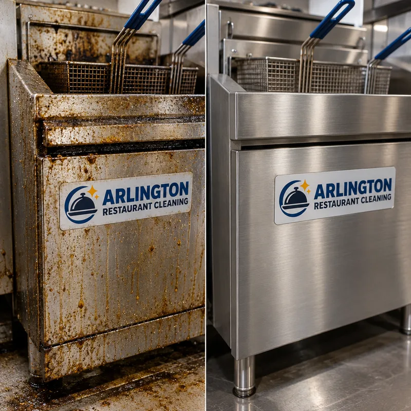 Before and after view of a commercial fryer exterior and stainless panel after grease removal