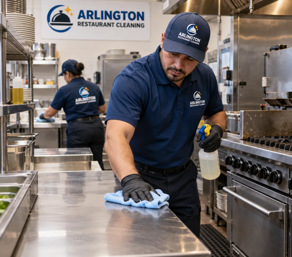 Technician cleaning a stainless prep table, range front, and adjacent commercial kitchen surfaces