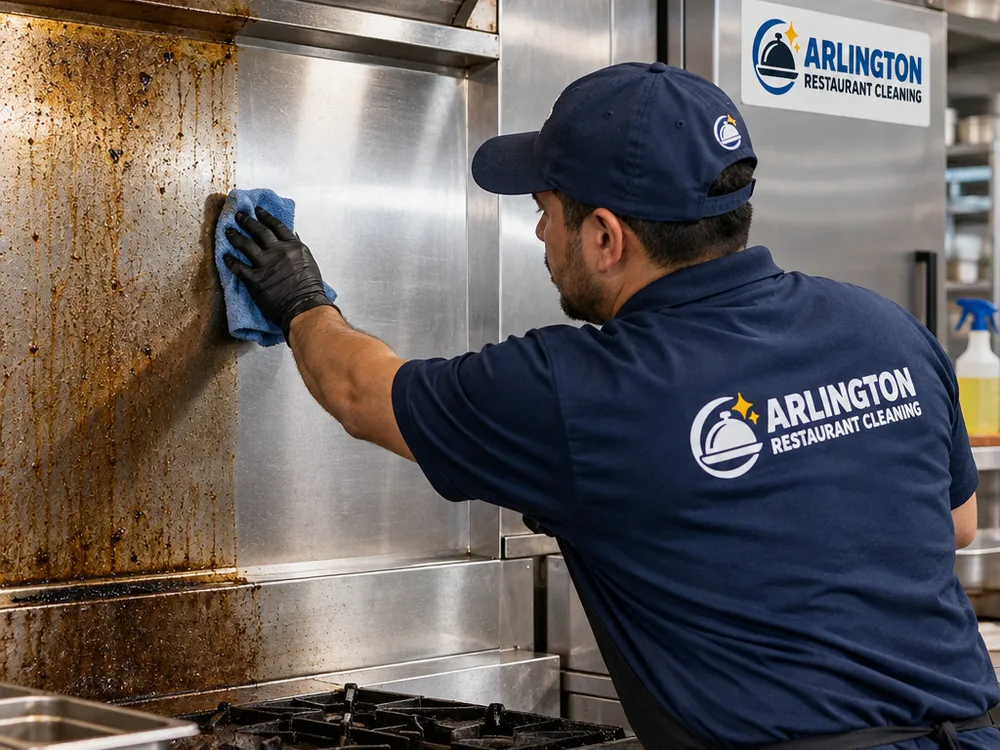 Technician hand-cleaning greasy stainless surfaces on a commercial range and backsplash