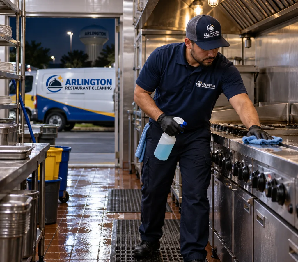 Professional cleaner detailing a commercial restaurant kitchen line after closing