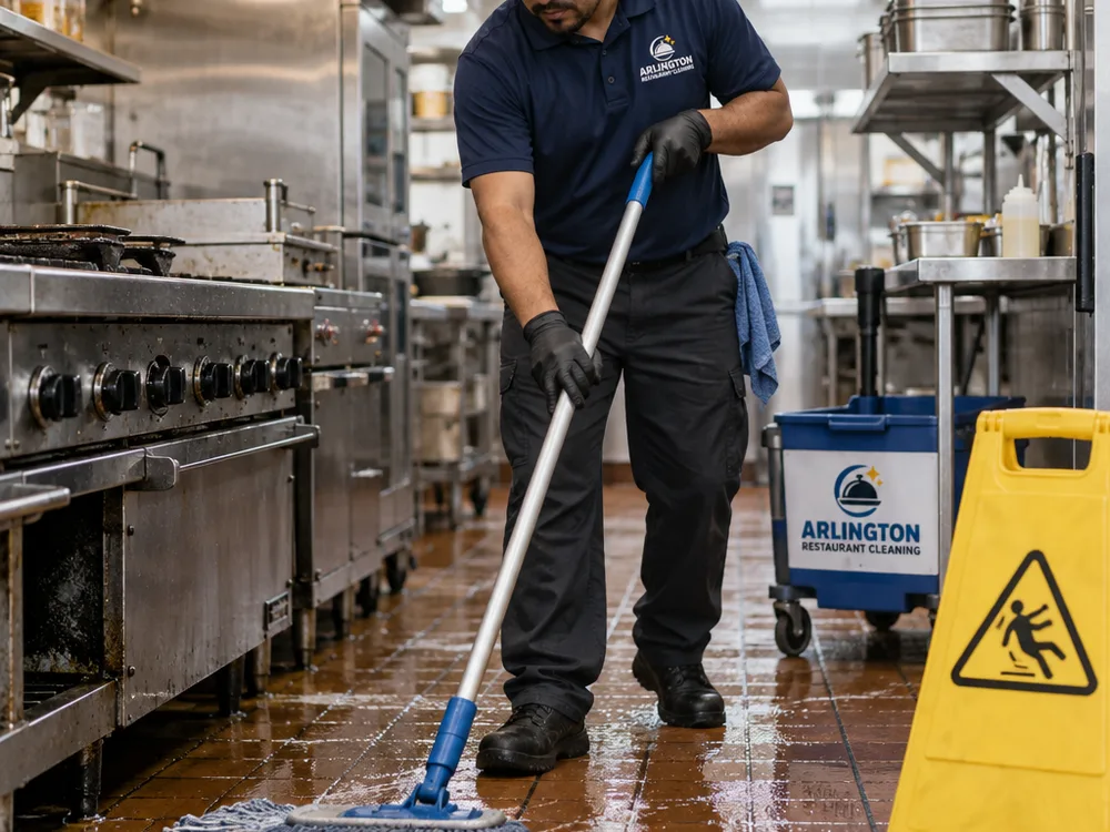 Cleaner wet-mopping a restaurant kitchen floor near the cook line with caution signage visible