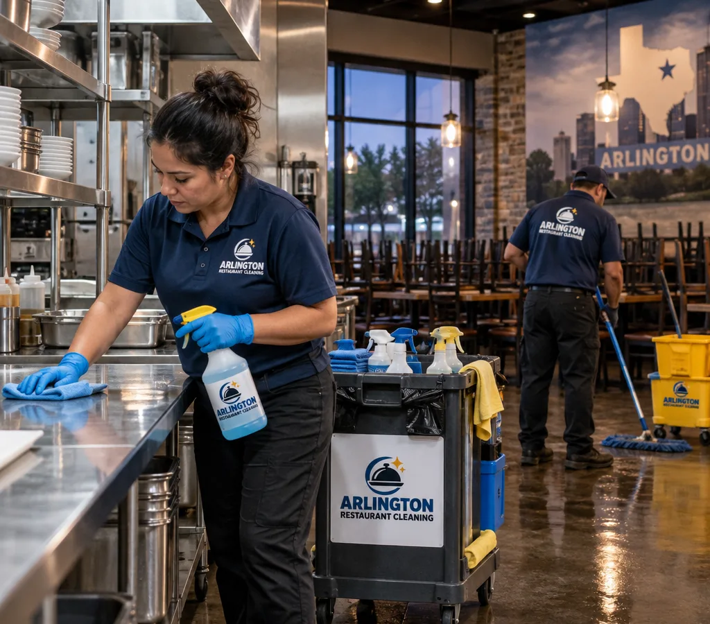 After-hours restaurant cleaners detailing stainless prep tables and mopping a closed dining room