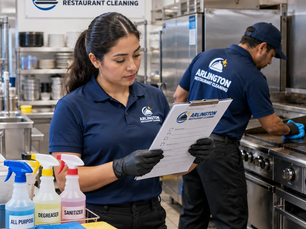 Restaurant cleaner reviewing a checklist while another crew member details a cook line