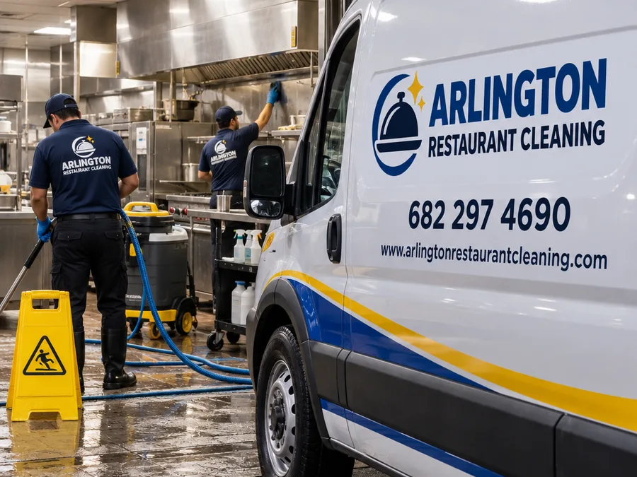 Technicians cleaning a closed commercial kitchen with signs, managed hoses, and organized tools