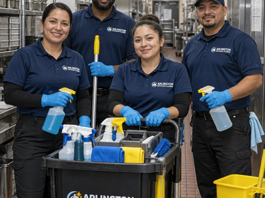Restaurant cleaning crew with labeled supplies and PPE