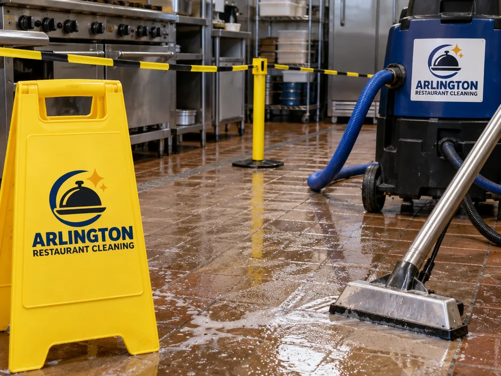 Behind-the-line area with equipment repositioned and cleaned floor and wall edges